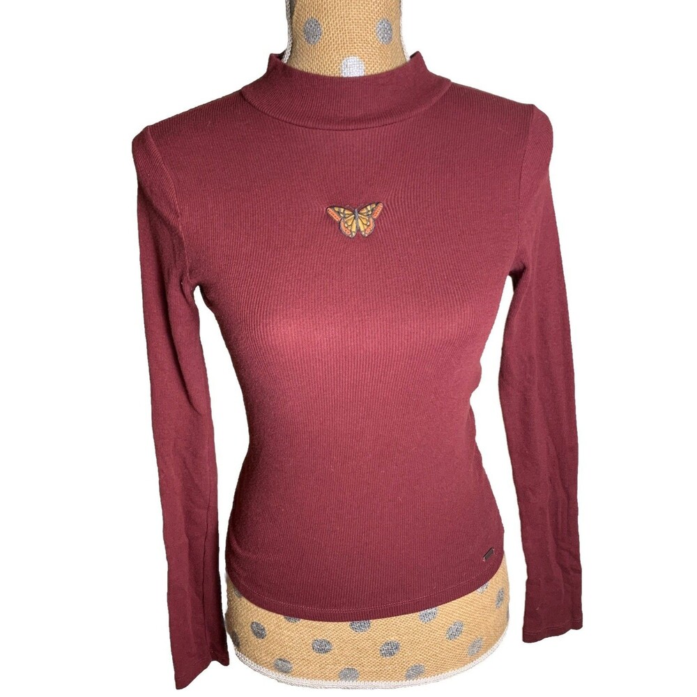 Hollister Y2K Juniors  Ribbed Top  Small Burgundy- Embroidered Butterfly Long Sl